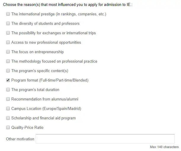 7) Vous devez ensuite choisir la(les) raison(s) pour laquelle(lesquelles) vous souhaitez étudier à l'IE.